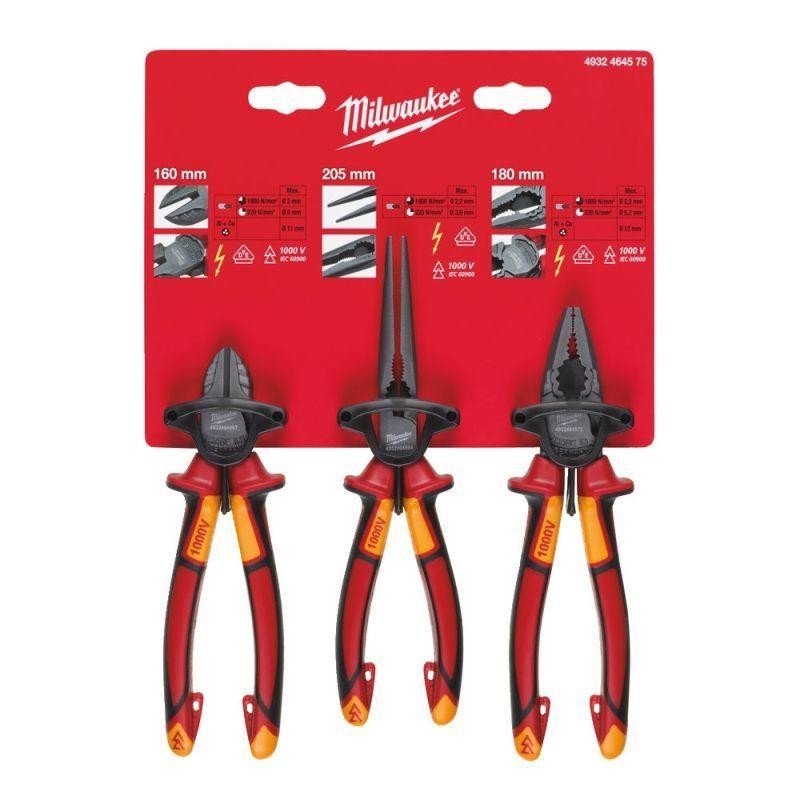 Zestaw 3 szczypiec VDE: uniwersalne, okrągłe, tnące boczne MILWAUKEE 4932464575